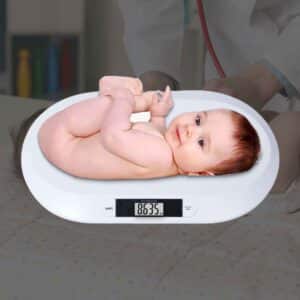 SRSB128 digital baby scale with a baby on the tray