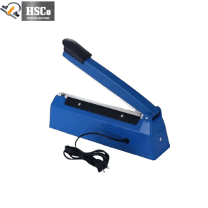 Blue 12 inch hand impulse sealing machine with arm raised and power cord