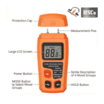 Wood moisture meter parts: cap, pins, LCD, power, mode and hold keys