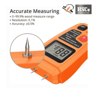 Wood moisture meter pins and display, 0 - 99.9% range