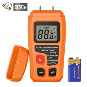 Orange pin-type wood moisture meter with cap and battery