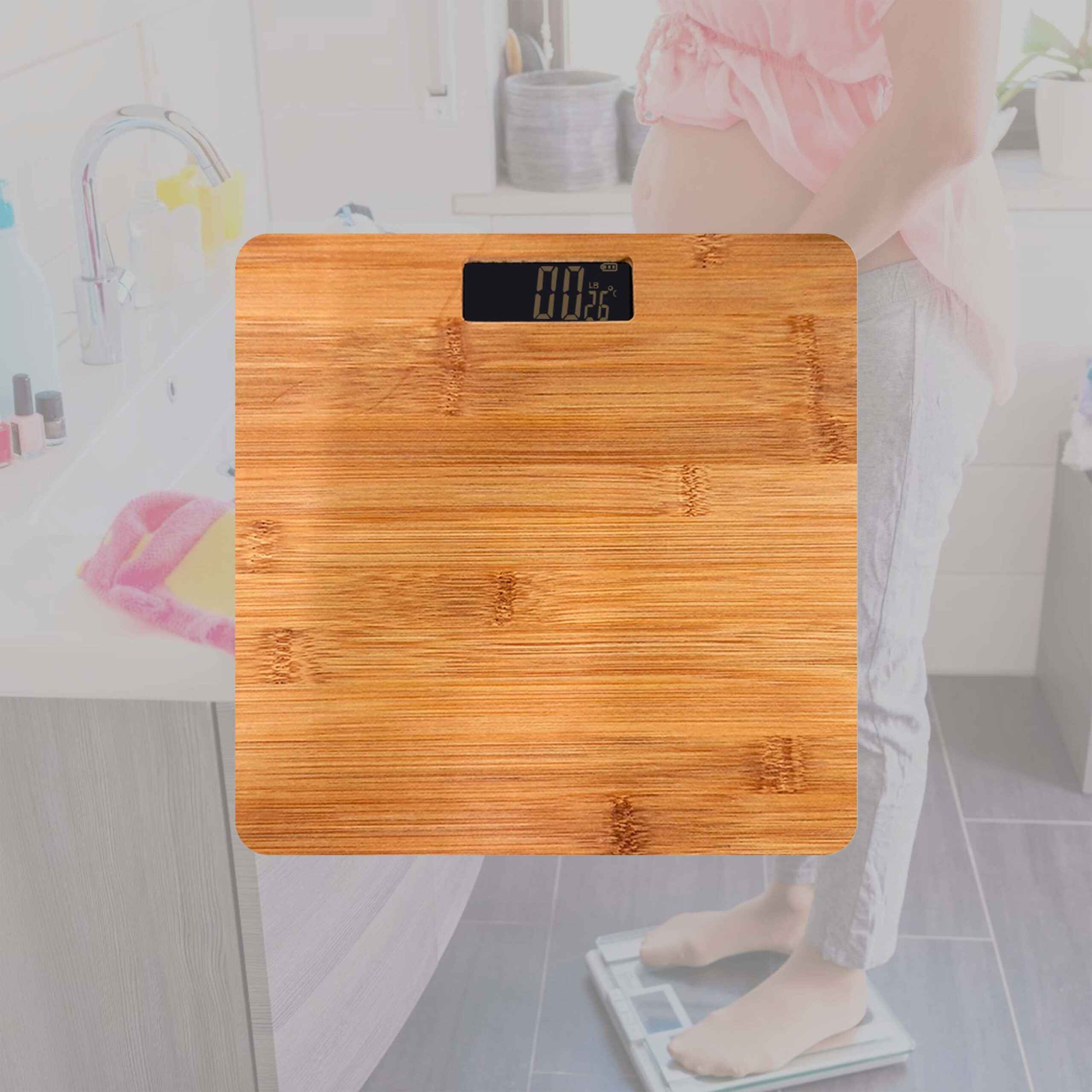 5 Alpha SRS460 wooden bathroom scale, top view with display