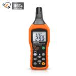 Orange hand-held temperature and humidity meter showing readings on its LCD
