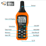 Temperature and humidity meter with labelled sensor, display and buttons