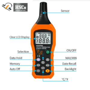 Temperature and humidity meter with labelled sensor, display and buttons