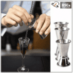 Bartender pouring a measured peg into a glass, with peg measures beside it