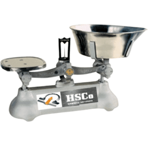 HSCo aluminium body counter scale with flat weight pan and stainless steel bowl
