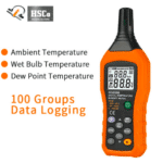 Meter showing ambient temperature, wet bulb and dew point, with 100-group data logging
