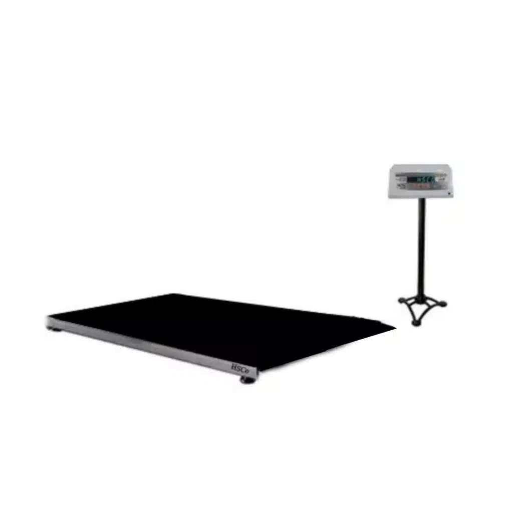 HSCo AS animal weighing scale: low black chequered platform with indicator on a stand