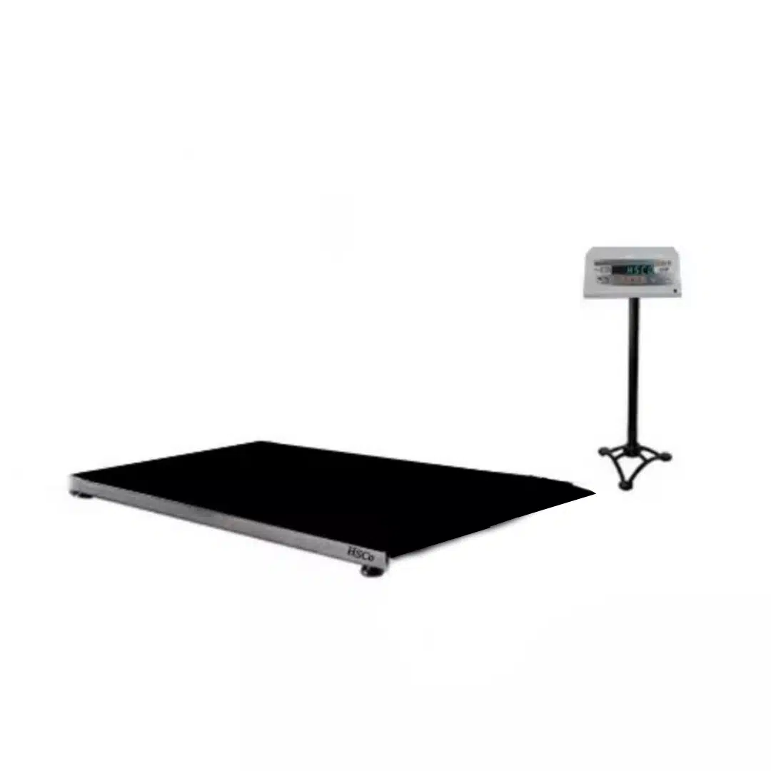 Animal Weighing Scale HSCo AS animal weighing scale: low black chequered platform with indicator on a stand