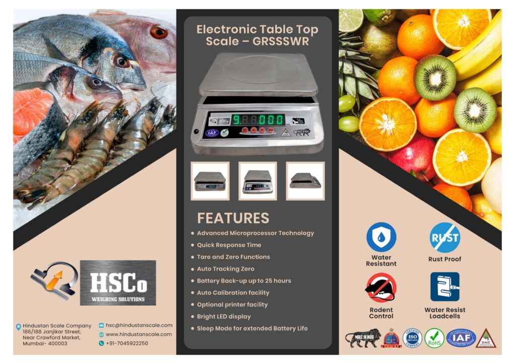 GRSSSWR electronic table top grading scale leaflet with features, fish and fruit