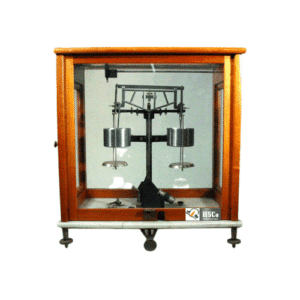 HSCo mechanical two-pan analytical balance in wooden glass case