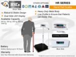 HR series hand rail scale leaflet: patient holding the rail, front and back displays, capacities
