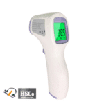 HSCo infrared forehead thermometer with green backlit display reading 36.5