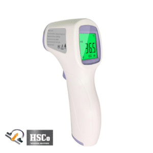 HSCo infrared forehead thermometer with green backlit display reading 36.5