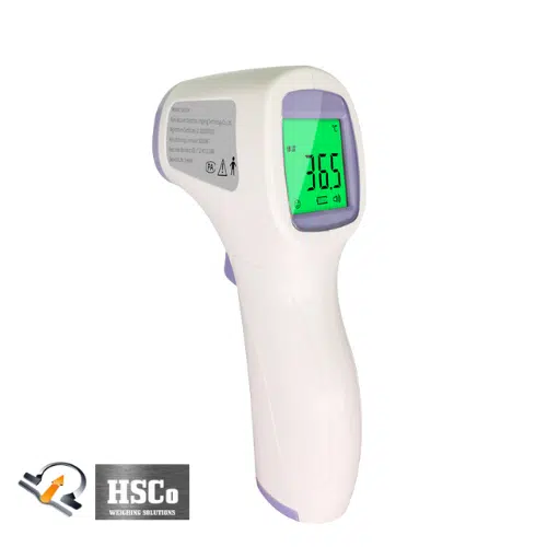It4-1.png HSCo infrared forehead thermometer with green backlit display reading 36.5