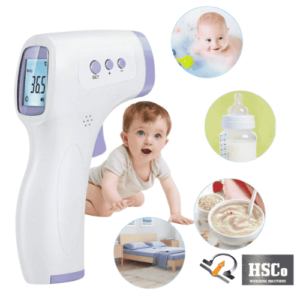 Infrared thermometer for babies, children and adults, shown with baby food, bottle and bath uses