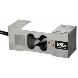 HSCo single point load cell shown at an angle with central cutouts, mounting holes, and a cable