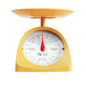 HSCo mechanical kitchen scale with yellow dial and tray