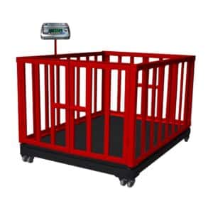 HSCo ASSS animal weighing scale with red grill cage on castor wheels and LED indicator on top
