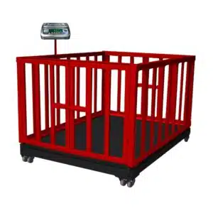 HSCo ASSS animal weighing scale with red grill cage on castor wheels and LED indicator on top