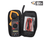 Clamp meter in its carrying bag with test leads