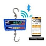 CRSBT Bluetooth hanging scale with blue body and hook, sending weight to the phone app