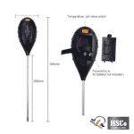 Soil meter size drawing: 340 mm long, 200 mm probe, 9 V battery