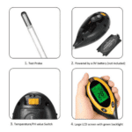 Soil meter parts: test probe, 9 V battery, temperature and pH switch, backlit LCD