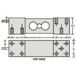 Cut-size load cell top and side drawing: 150 mm long, 40 mm high, bolt holes 25 mm apart