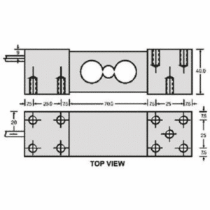 Cut-size load cell top and side drawing: 150 mm long, 40 mm high, bolt holes 25 mm apart