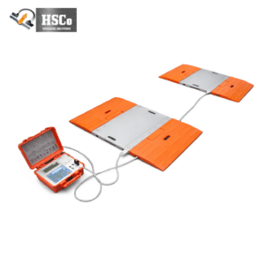 Pair of weigh pads connected to a portable indicator in an orange case
