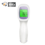 Infrared forehead thermometer, front view with backlit display
