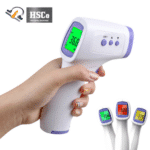 Hand holding the infrared thermometer, with green, red and yellow fever-alert backlights