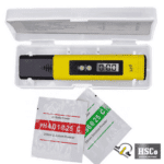 pH meter in its case with pH 4.01 and 6.86 buffer powder sachets