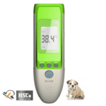 HSCo non-contact infrared pet thermometer showing 38.4 °C, beside a puppy
