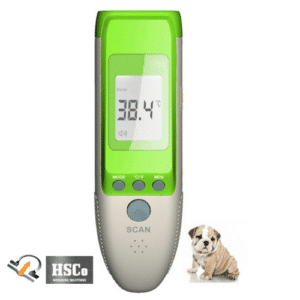 HSCo non-contact infrared pet thermometer showing 38.4 °C, beside a puppy