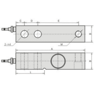 Shear beam load cell dimension drawing, top and side views