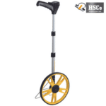 HSCo Roadometer digital distance measuring wheel standing upright with a yellow spoked wheel and telescopic handle