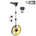 HSCo Roadometer digital distance measuring wheel with inset views of the display and telescopic shaft adjustment