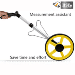 HSCo Roadometer digital distance measuring wheel held at an angle, showing the yellow wheel, silver shaft and folding stand