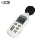Sound level meter with LCD and keys, angled view