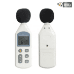 Sound level meter front and back, with foam windscreen and LCD