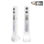 HSCo ultrasonic height measuring device shown upright from front and side with twin sensors and LCD