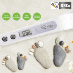 HSCo ultrasonic height measuring device angled over pebble footprints, showing twin sensors and LCD