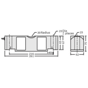 Dimension drawing of the weighbridge load cell: 261 mm long, holes 216 mm apart