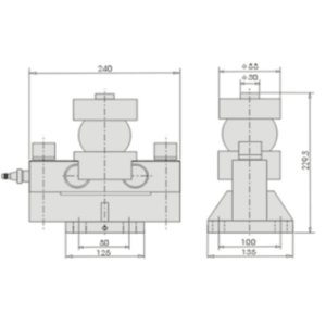 HSCo ball and cup double-ended shear beam load cell dimensional drawing with front and side views