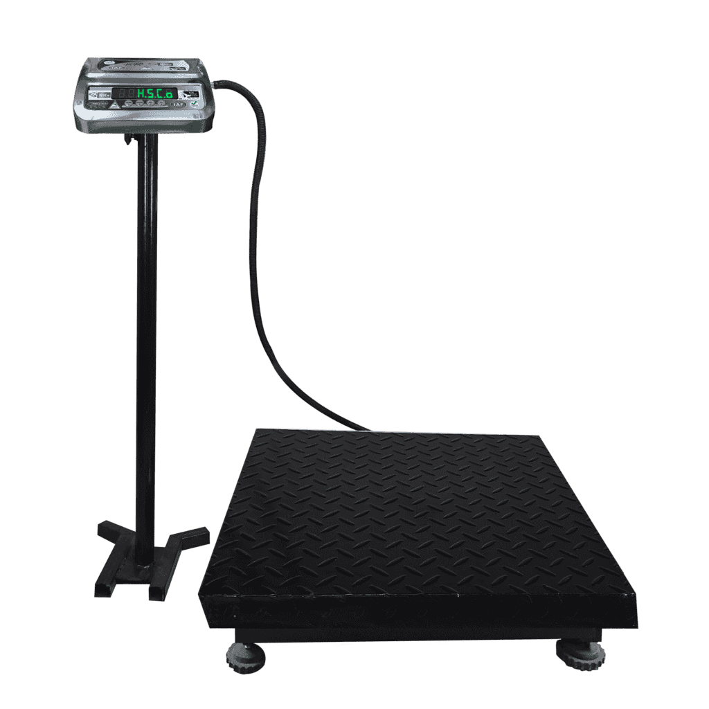 A checker platform scale showing its weighing platform and pole mounted display.