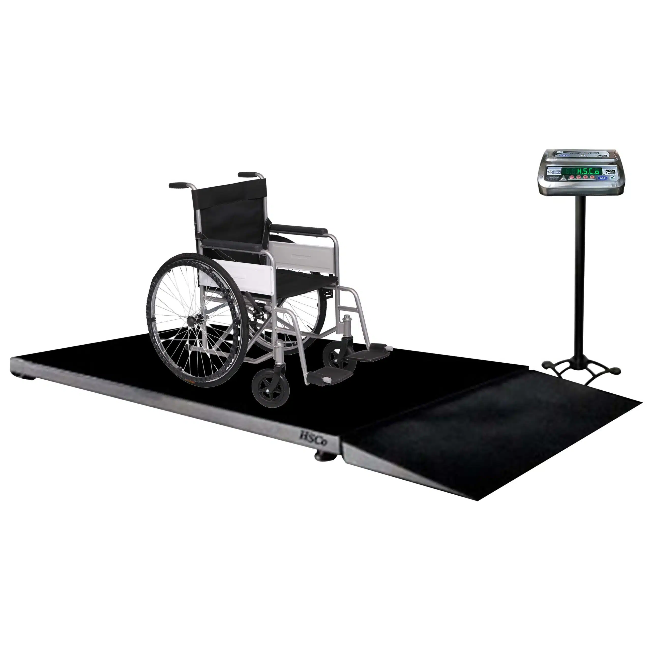 plchqhwc HSCo PLCHQHWC wheelchair scale with wheelchair on the chequered platform and indicator on a pole