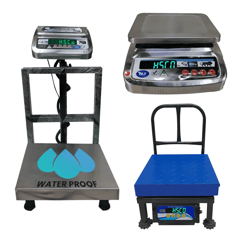 Several types of weighing scales are shown for agricultural applications.